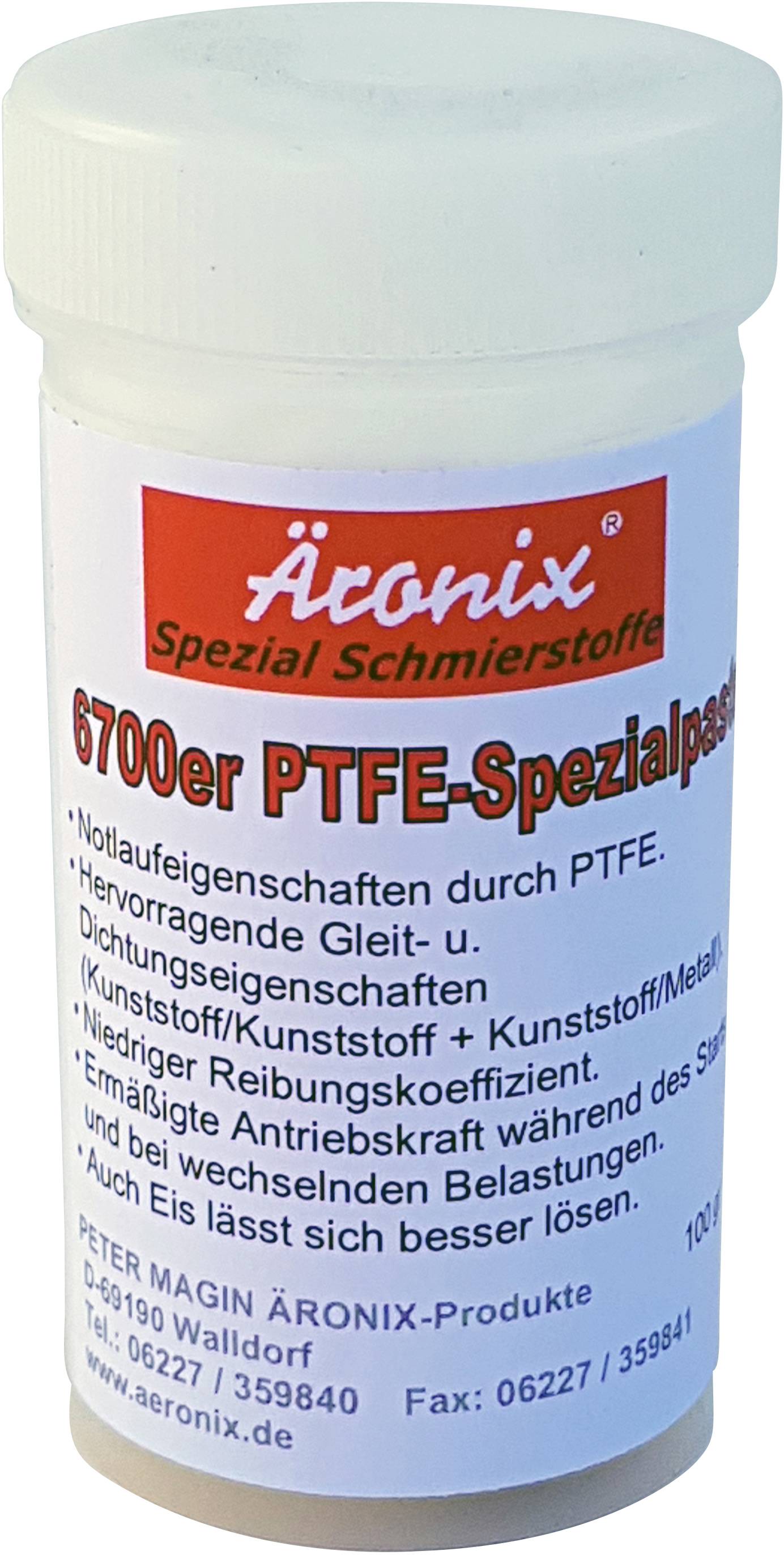 Una piccola scatola con la scritta 'Äronix Lubrificanti Speciali. Pasta Speciale PTFE 6700'. Contiene le informazioni di contatto del produttore.