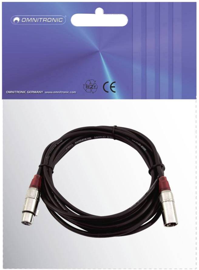 Un cavo audio nero con connettori XLR è raffigurato su una confezione con la scritta 'Omnitronic'.