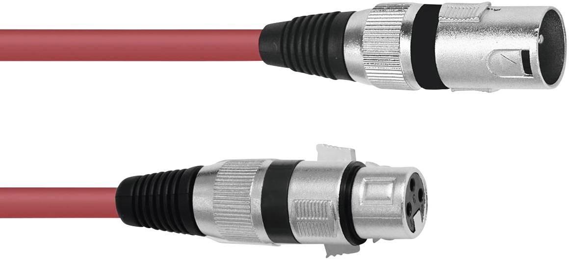 Due connettori XLR su un cavo rosso. In alto un connettore maschio, in basso un connettore femmina. Comunemente utilizzati in attrezzature audio.