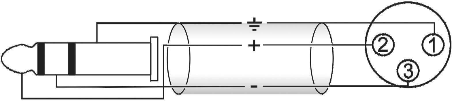 Diagramma del connettore con tre contatti, contrassegnati come 1, 2, 3. Mostra la polarità con i simboli '+' e '-'.