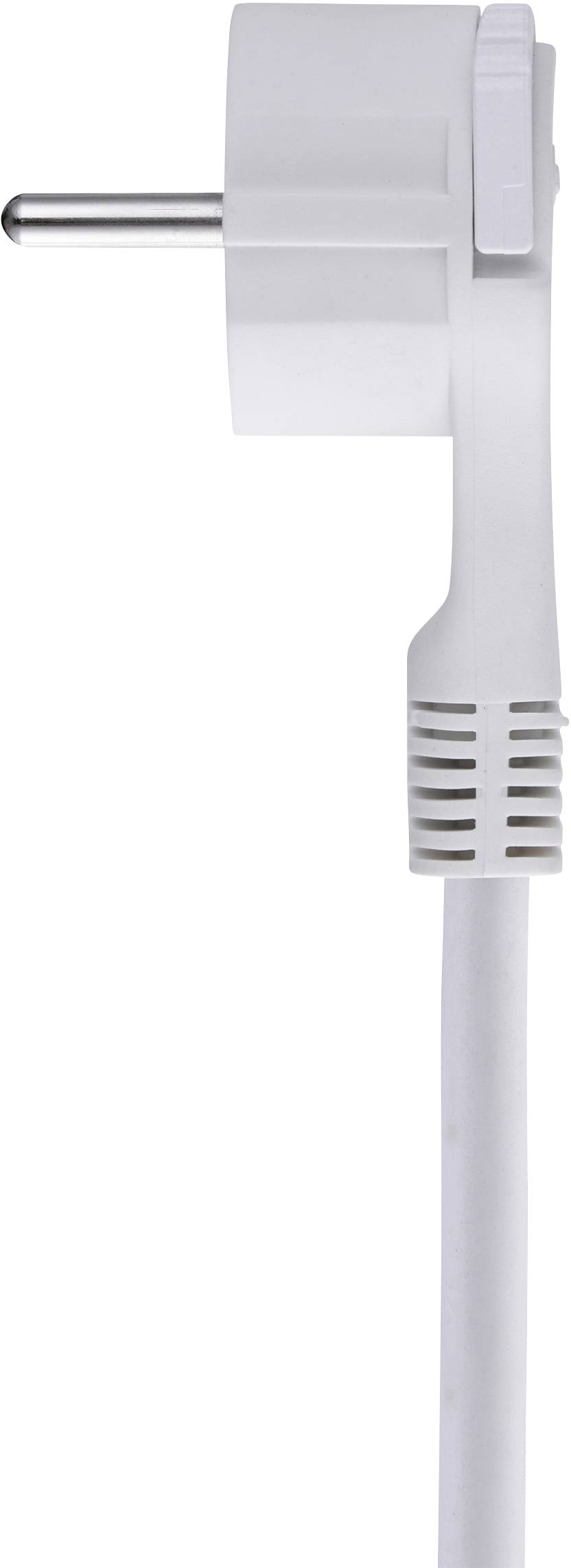 Un adattatore di presa bianco con spina laterale e cavo.