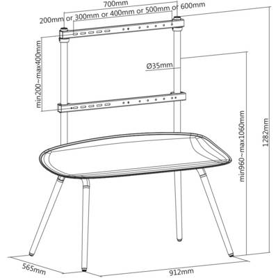 Disegno tecnico di un tavolo con dimensioni: 912 mm lunghezza, 565 mm larghezza, 1282 mm altezza. Piano del tavolo curvato, telaio regolabile in altezza.