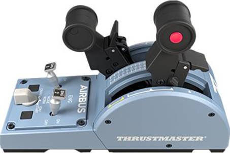Un regolatore di spinta Thrustmaster Airbus con due leve, interruttori e logo Airbus, utilizzato per simulazioni di volo.