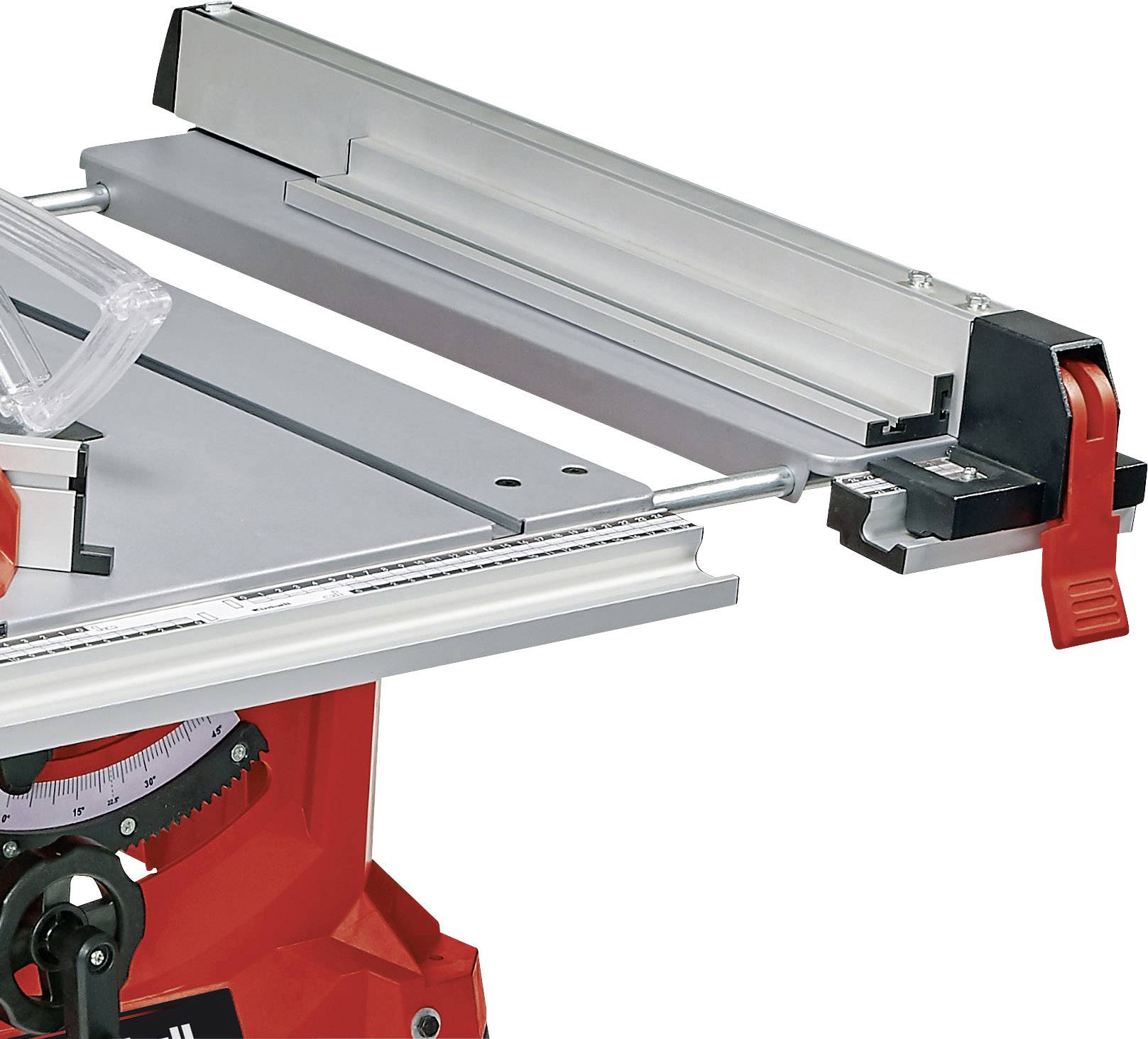 Una sega circolare da tavolo rosso-argento con guida di taglio e copertura di protezione, adatta per il taglio preciso di materiali in legno.