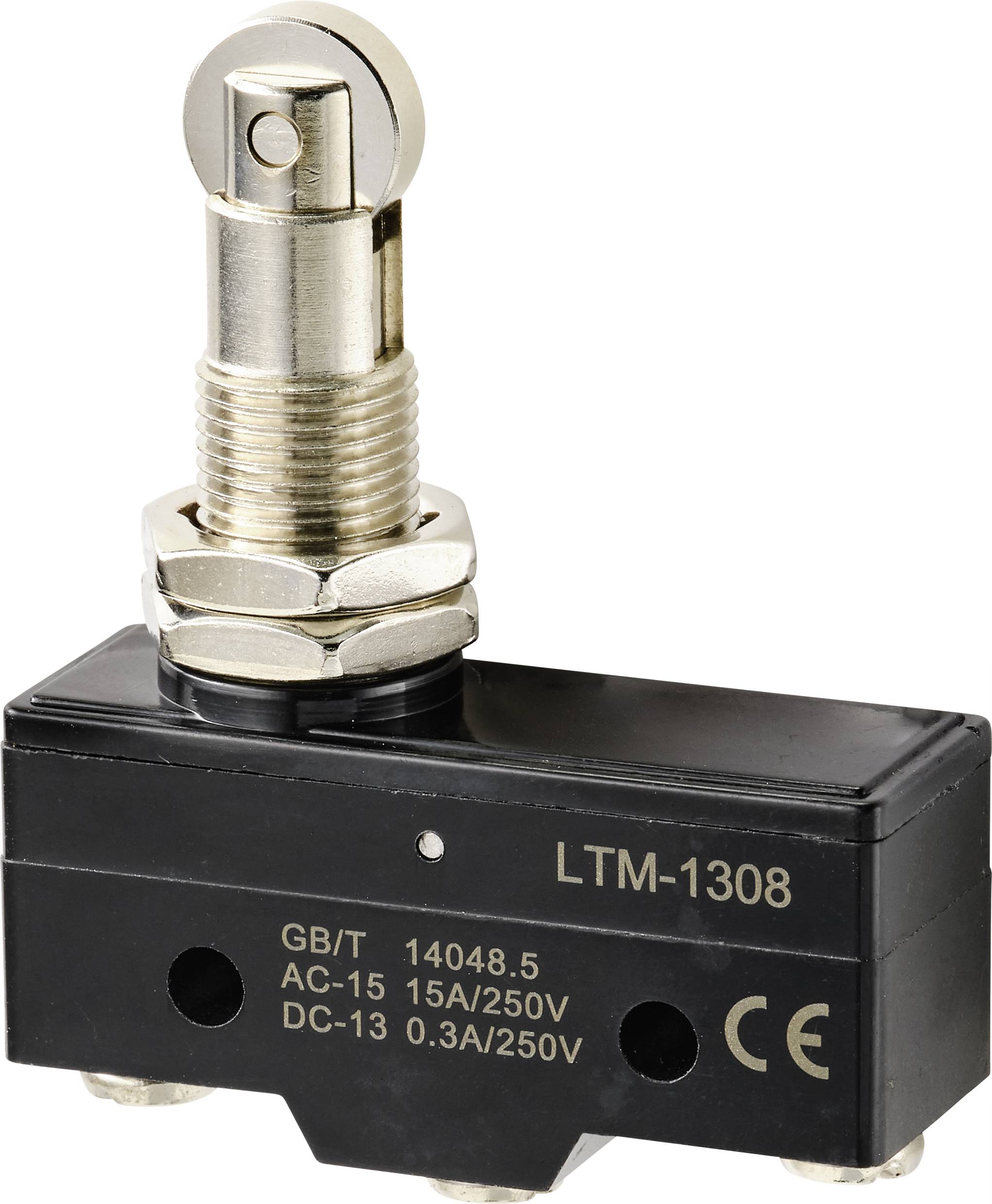 Interruttore in metallo con leva e custodia argentata, modello LTM-1308, specificato per 15A/250V AC e 0.3A/250V DC.