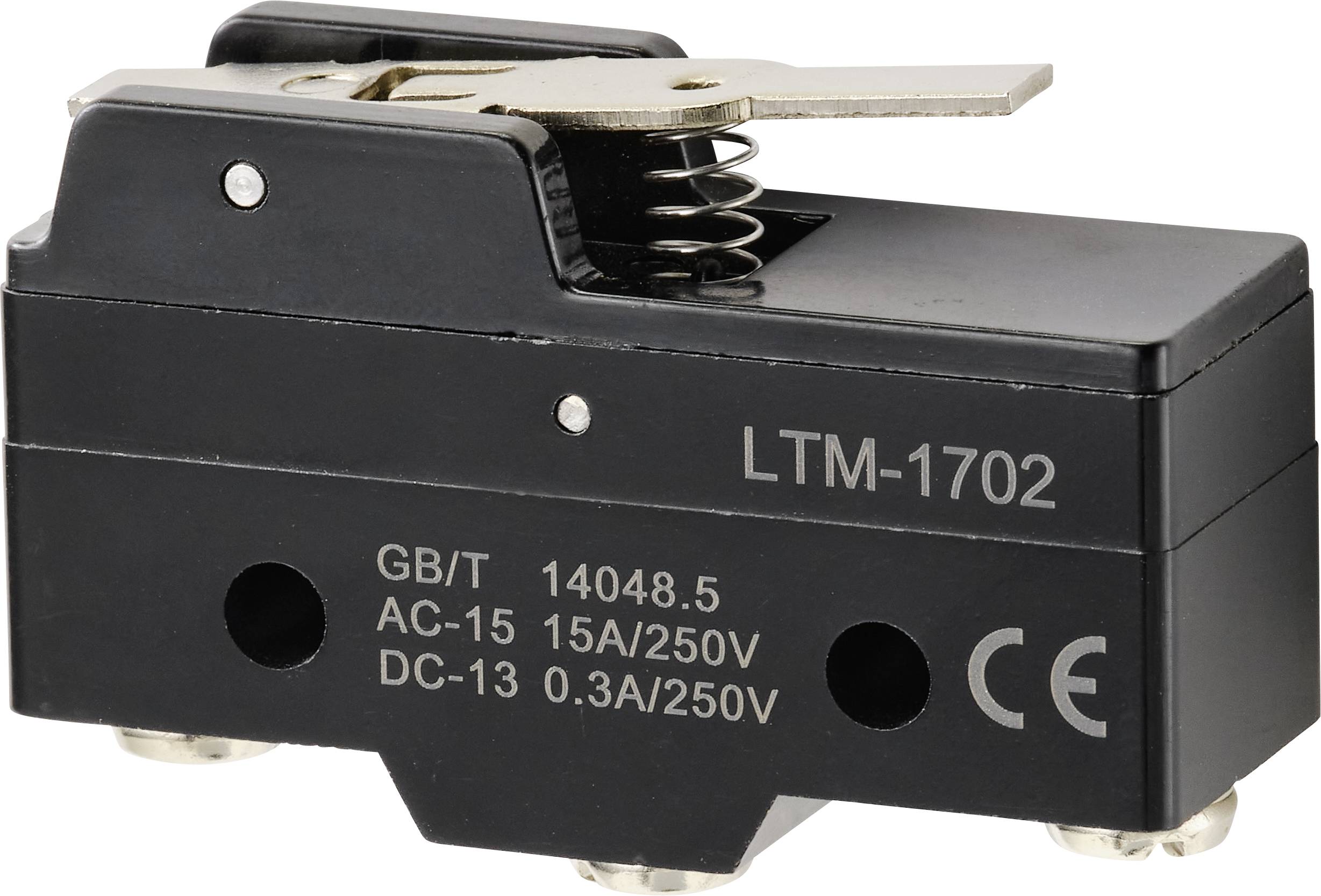 Un microinterruttore nero con leva metallica e contrassegno 'LTM-1702'. È progettato per AC-15 15A/250V e DC-13 0,3A/250V.
