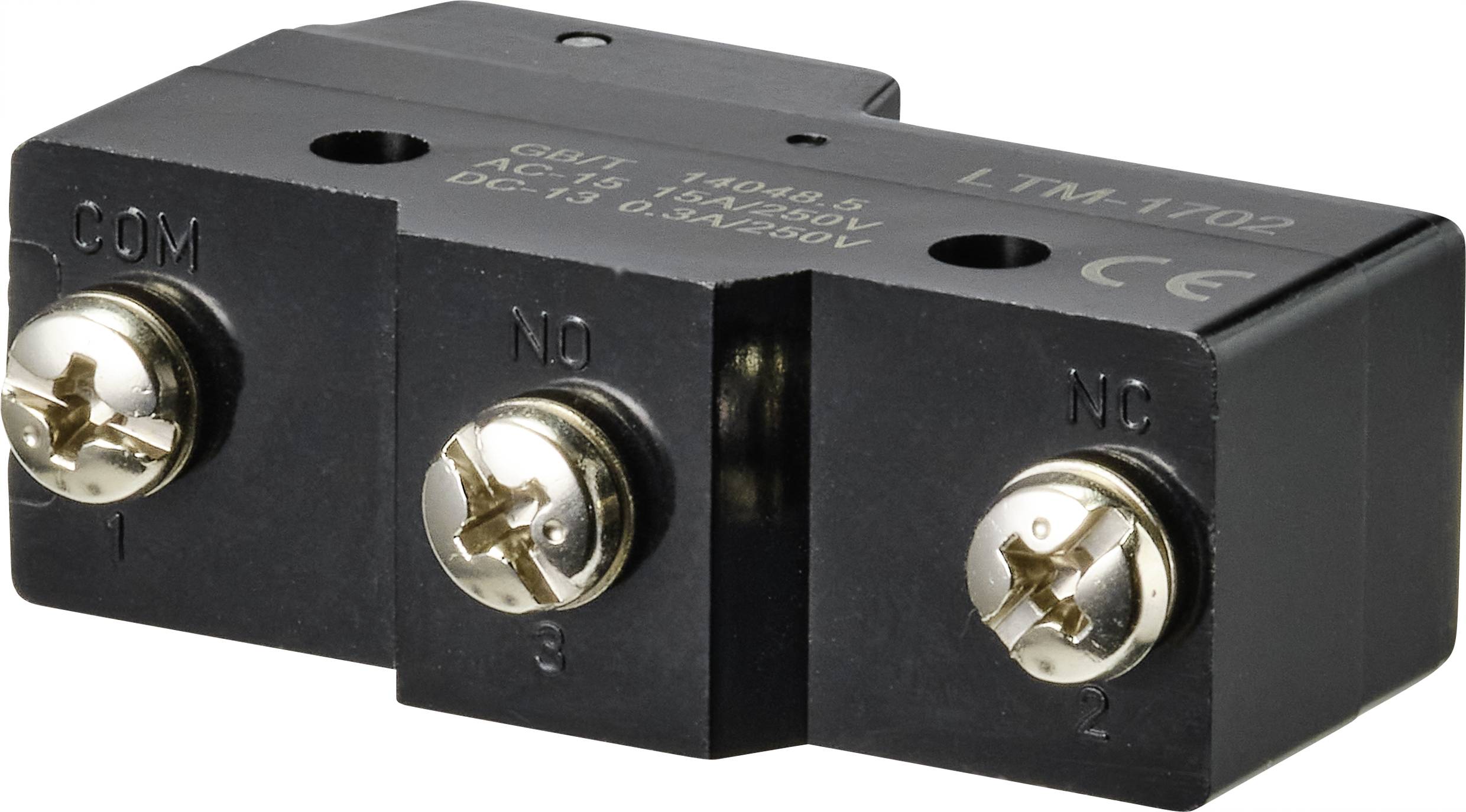 Interruttore nero LTM-1702 con tre morsetti a vite: COM, NO e NC. Marcatura CE. Tensione: AC-15 1.5A/250V, DC: 0.3A/250V.