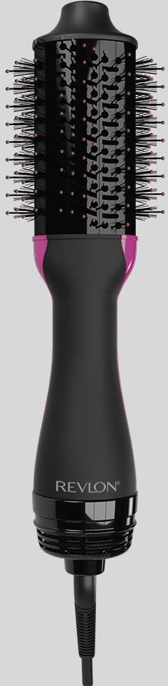 Spazzola ad aria calda Revlon nera con accenti rosa, con punte e setole in nylon. Adatta per asciugare e modellare i capelli.