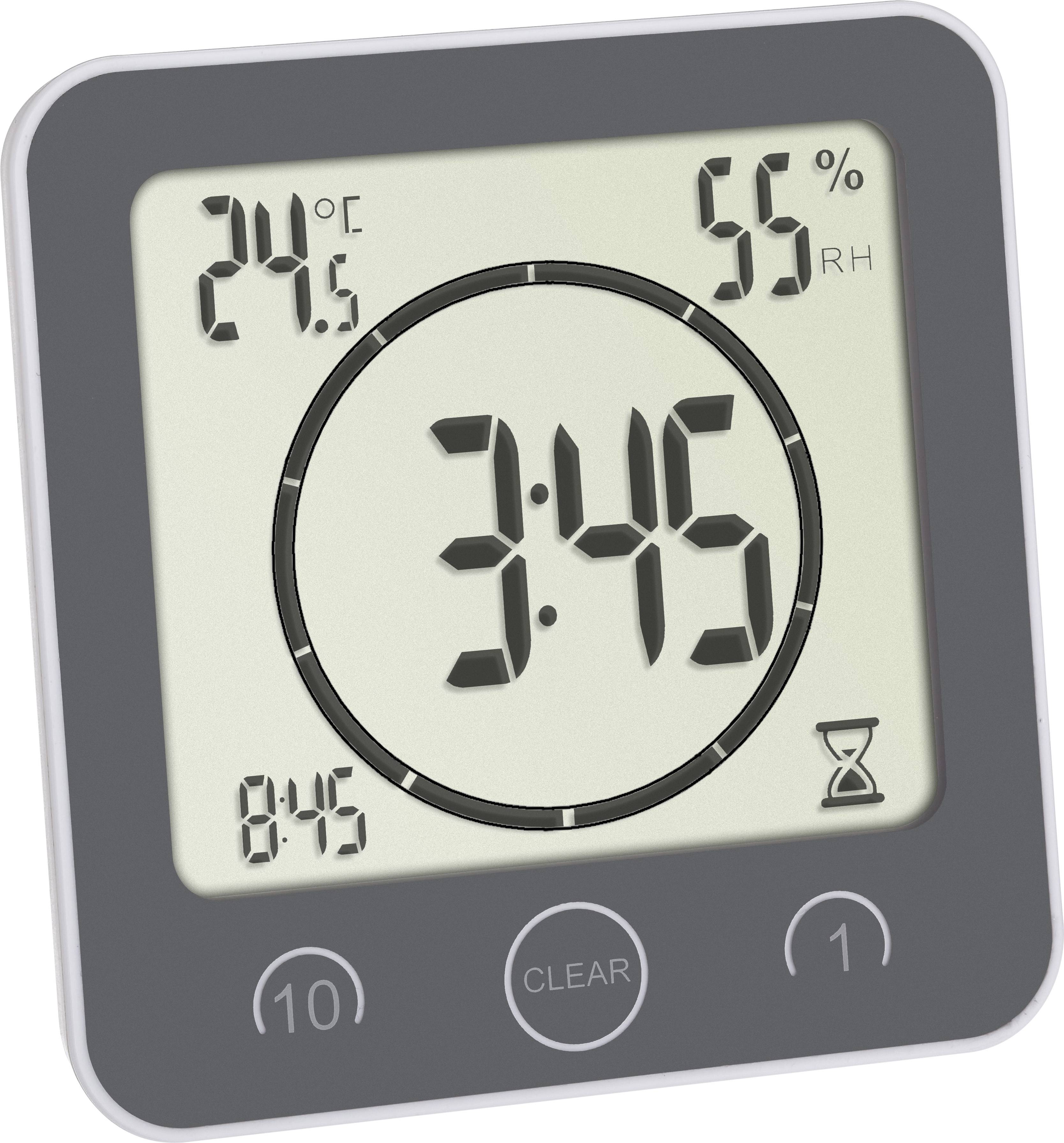 Timer digitale con orario '3:45', temperatura '24°C' e umidità '55%'. Mostra il conto alla rovescia e le opzioni di impostazione del timer.