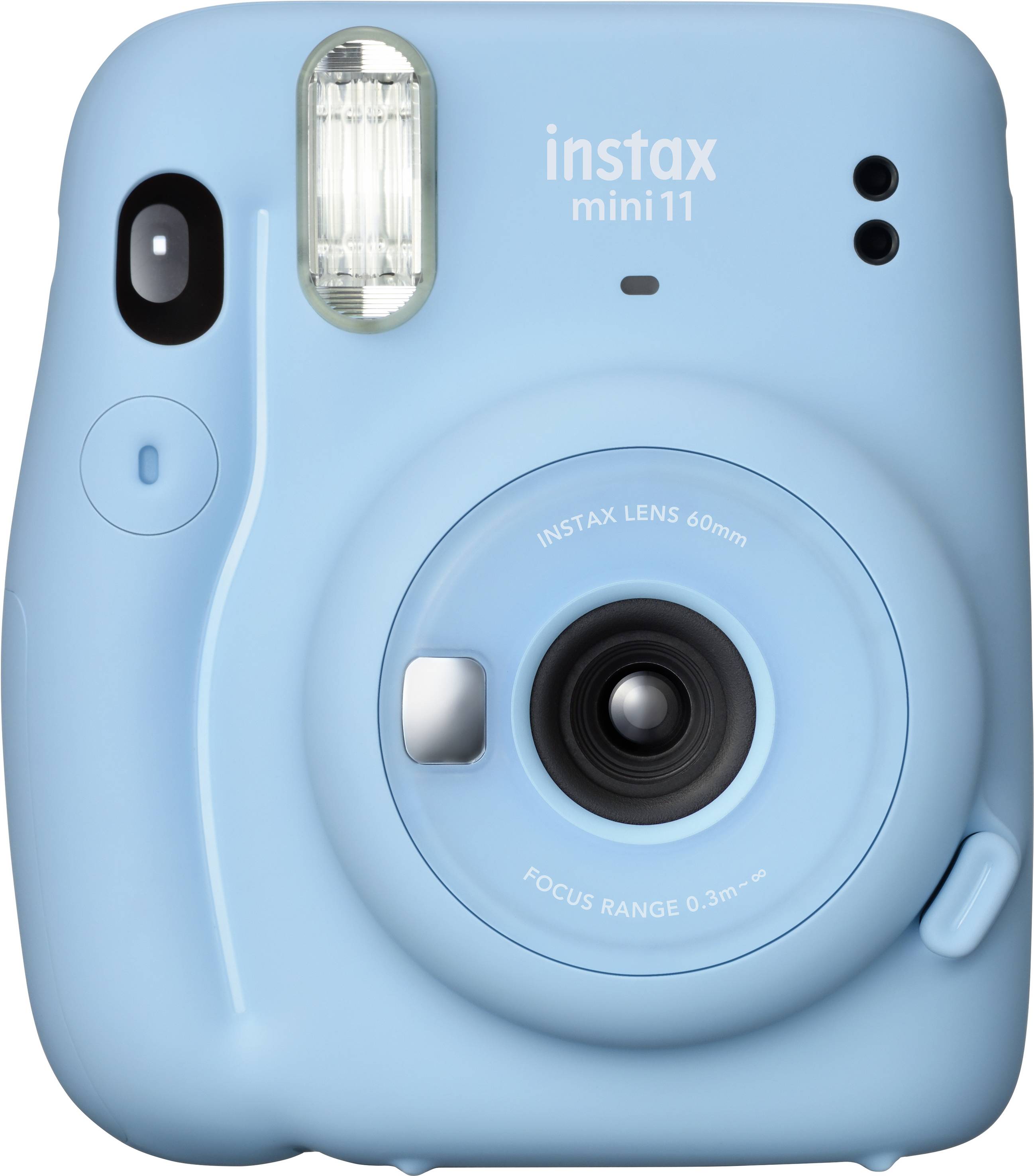Una fotocamera istantanea color azzurro chiaro, modello 'Instax Mini 11', con obiettivo e flash sulla parte anteriore.