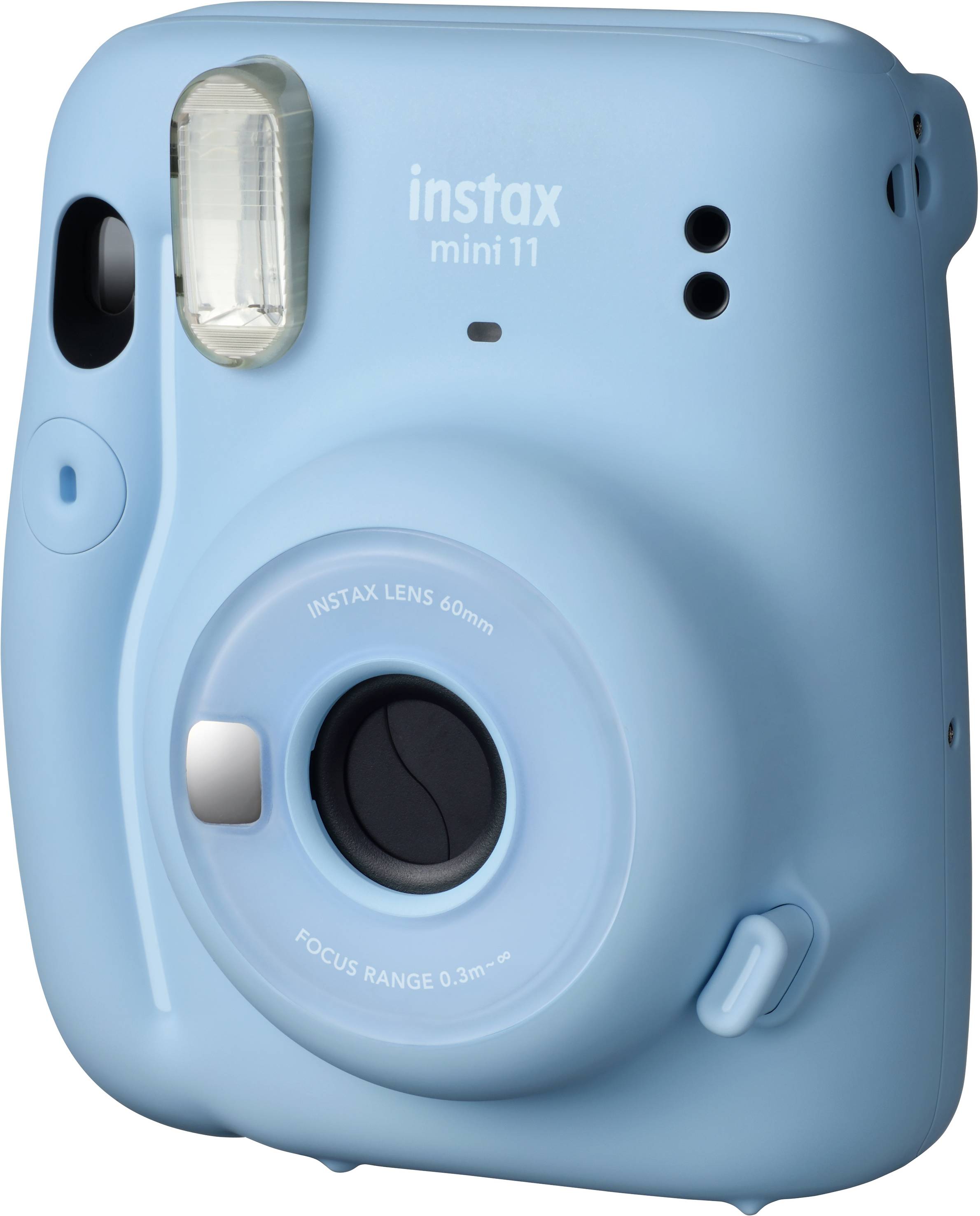 Fotocamera istantanea blu con flash e obiettivo, modello 'instax mini 11'.
