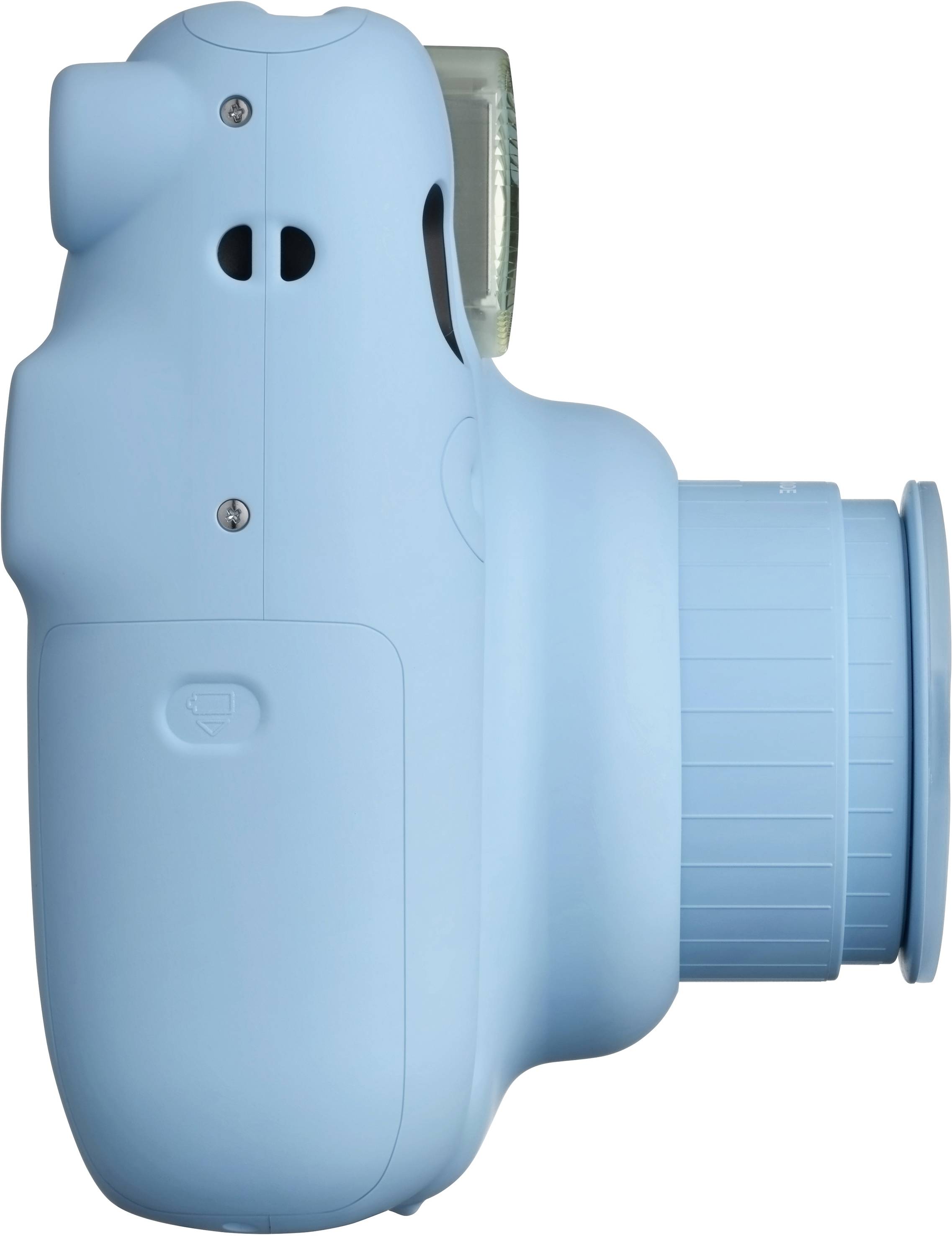 Una fotocamera istantanea blu, mostrata di lato, con obiettivo e mirino.