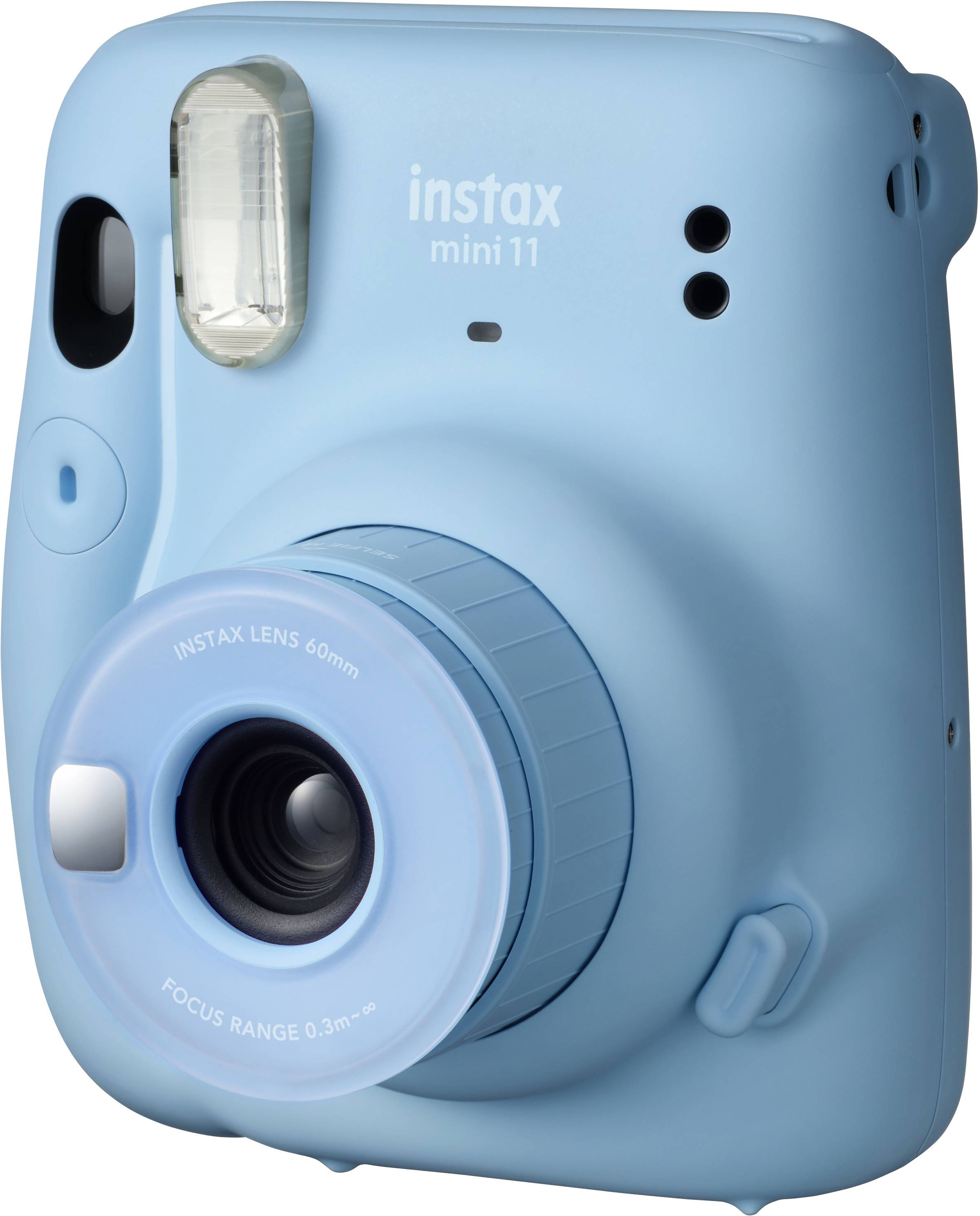 Fotocamera istantanea blu Instax con flash integrato e obiettivo rotondo distintivo. Modello: mini 11.