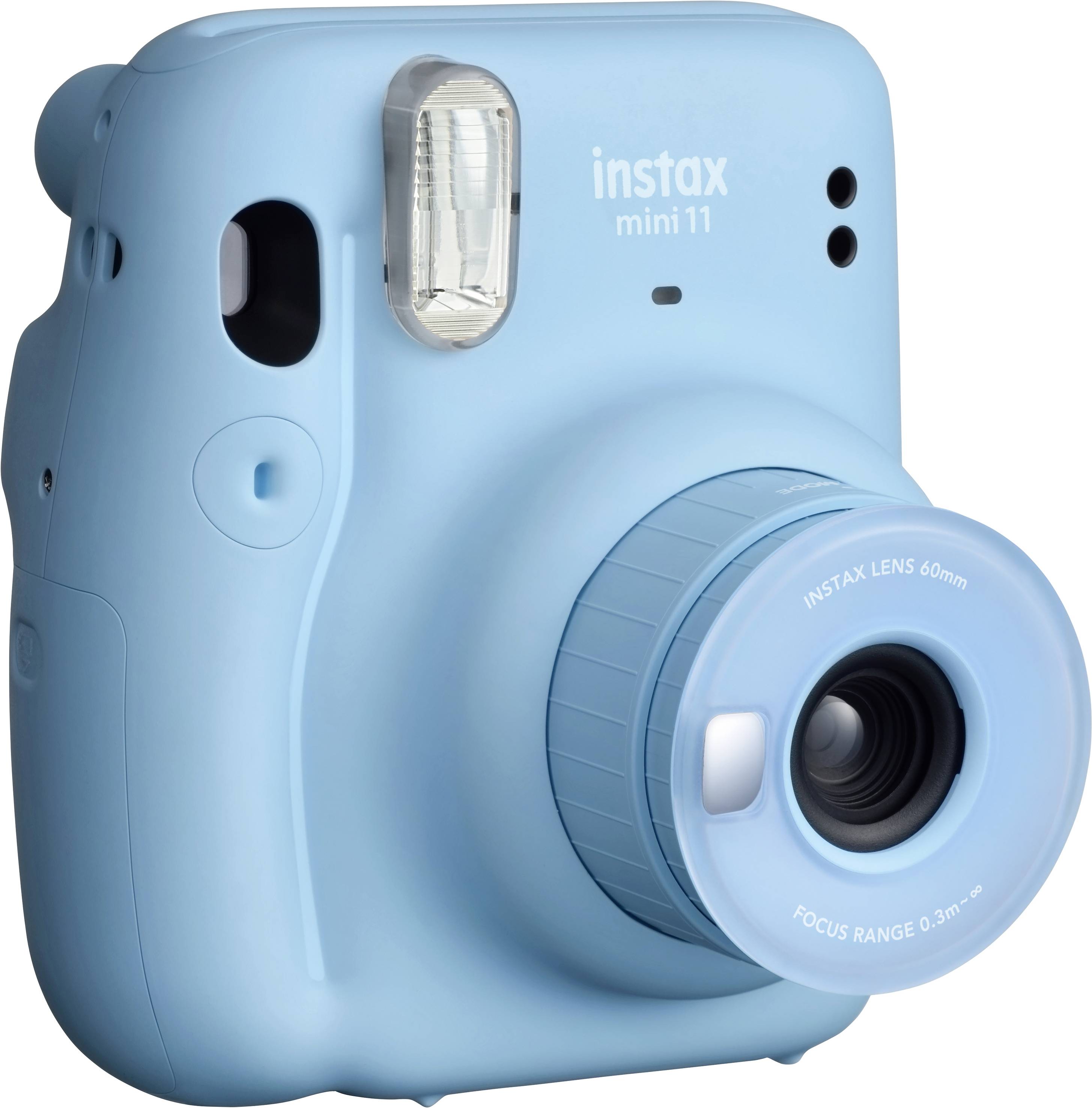Una macchina fotografica istantanea blu con flash integrato, obiettivo frontale e un design retrò distintivo.