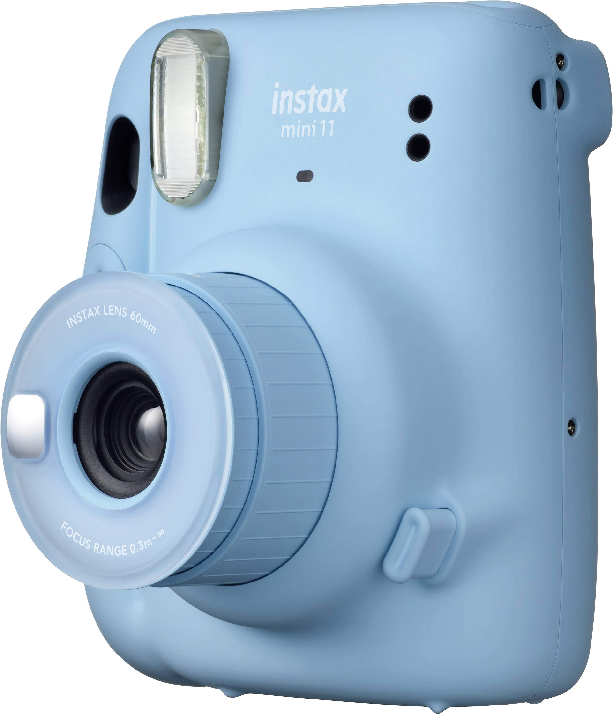 Fotocamera istantanea blu e bianca 'Instax Mini 11' con obiettivo grande e flash, ideale per scatti analogici veloci.