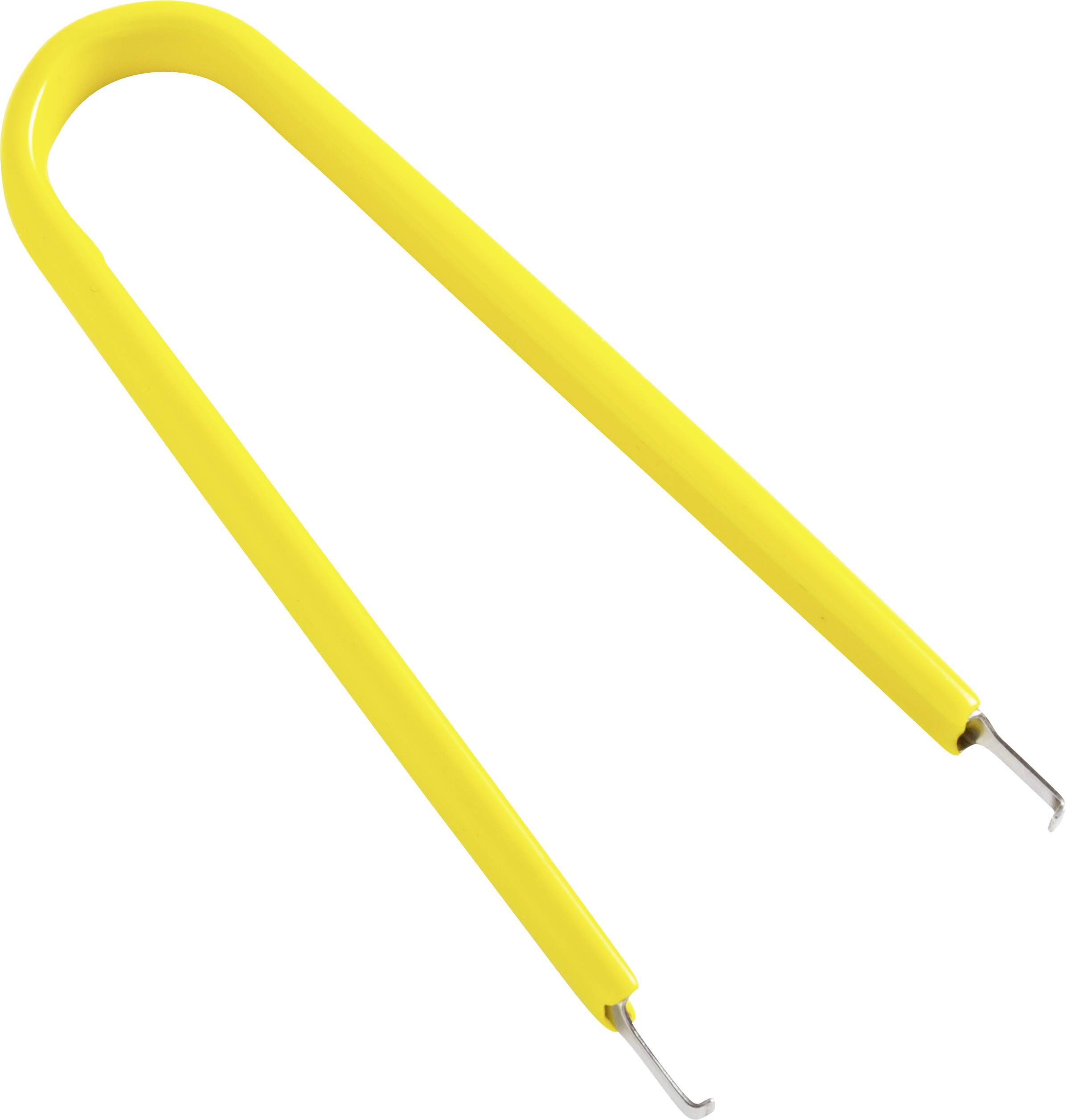 Attrezzo giallo con due ganci metallici alle estremità, comunemente utilizzato per rimuovere chip IC dalle schede elettroniche.