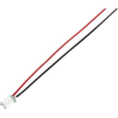 Un piccolo componente LED con due fili, uno rosso e uno nero, su sfondo bianco.