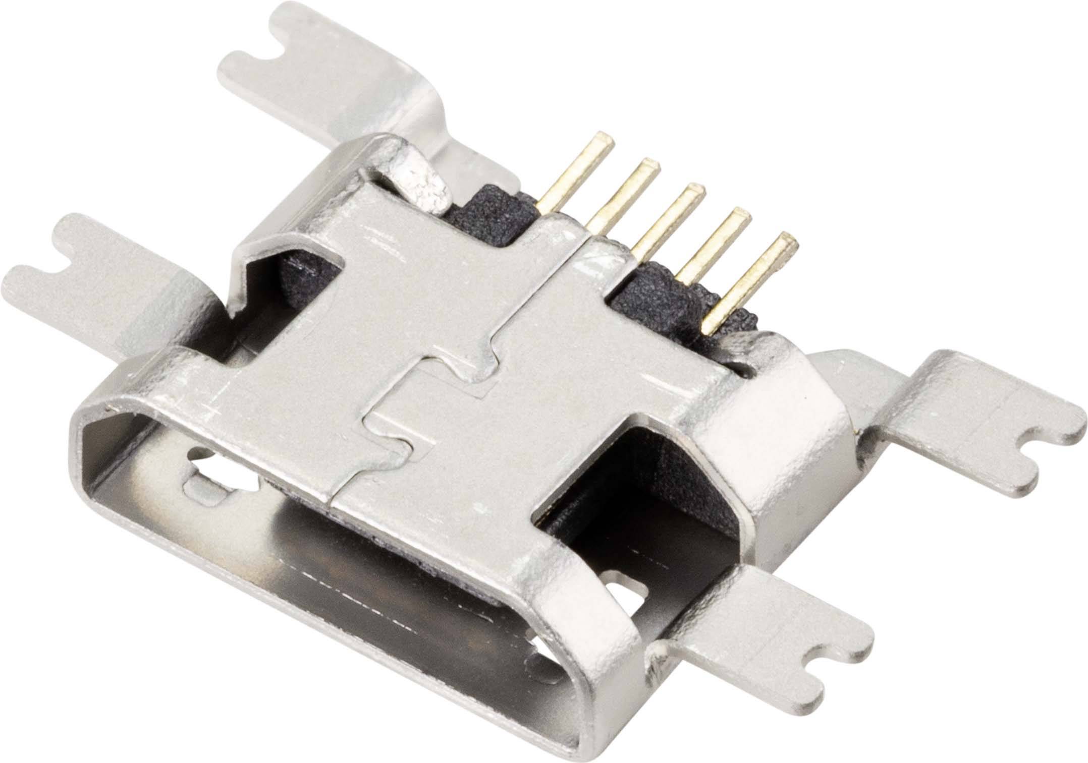 Connettore USB metallico con quattro pin dorati e elementi di fissaggio laterali. Utilizzato per connessioni elettroniche.