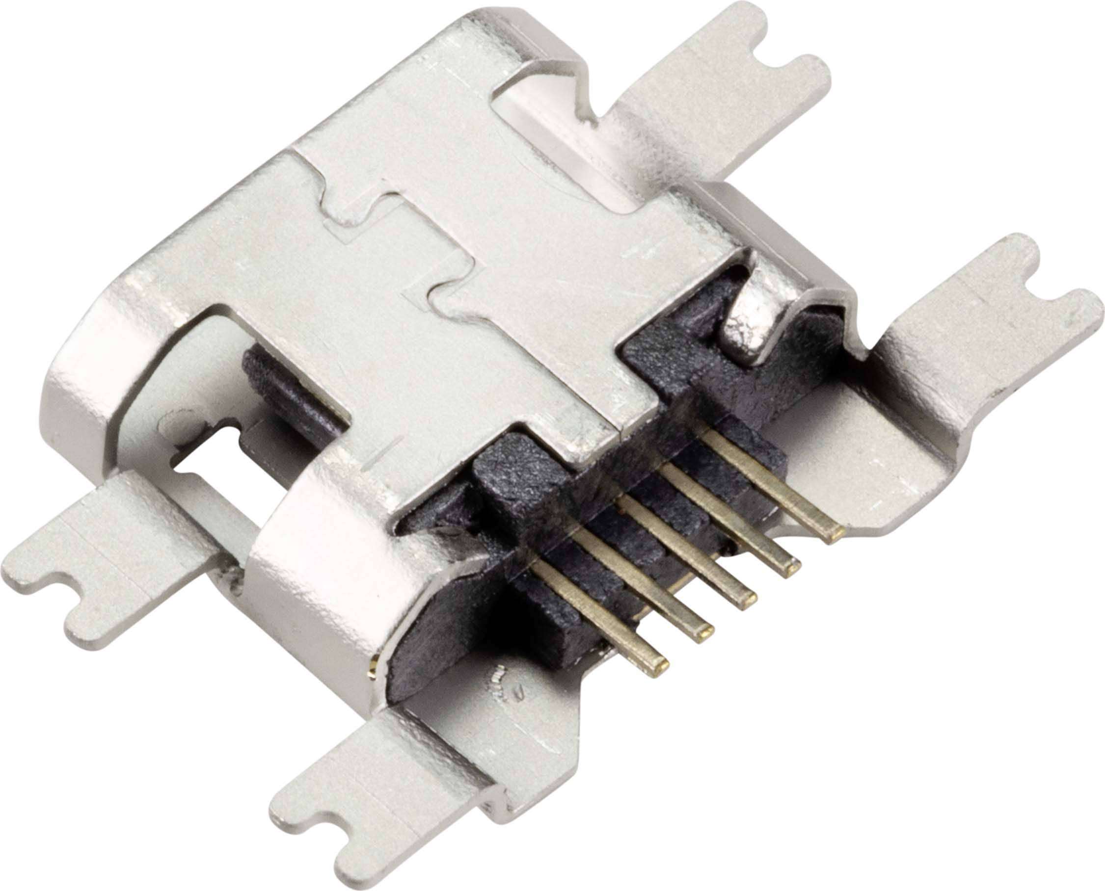 Un componente per connettore USB con custodia metallica e cinque pin dorati utilizzati per il collegamento elettronico.