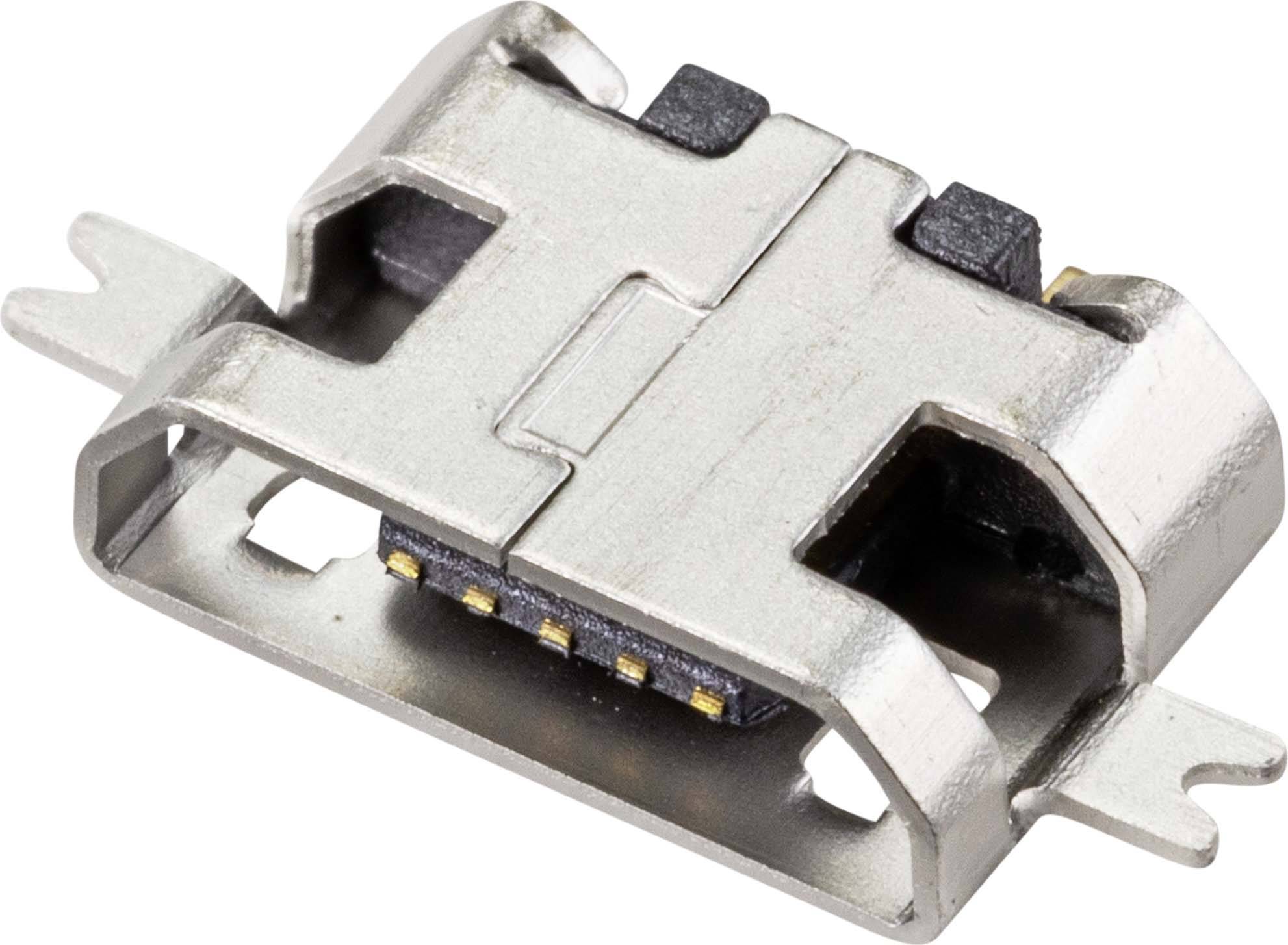 Un piccolo connettore metallico, probabilmente una porta USB-C, con più contatti dorati e due linguette di fissaggio.