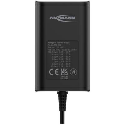 Dispositivo di rete nero del marchio Ansmann, modello APS 300. Specifiche tecniche e certificazioni stampate, inclusa la marcatura CE.
