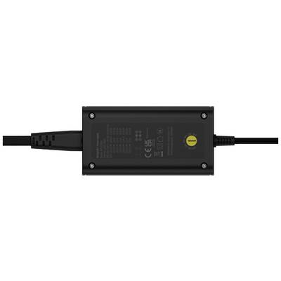 Alimentatore nero con certificazioni di sicurezza e note di traduzione sulla superficie superiore. I cavi escono dai lati sinistro e destro.