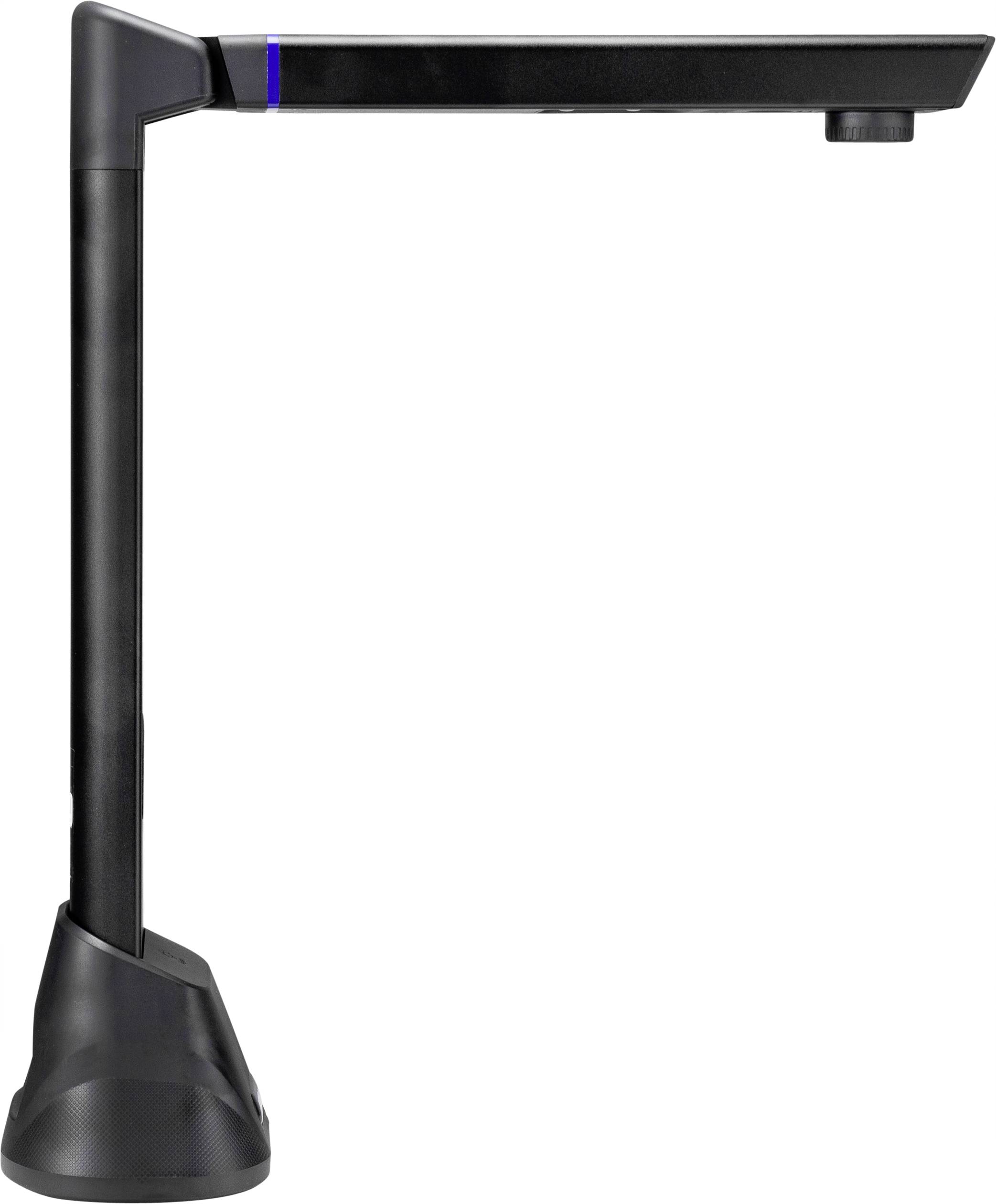 Fotocamera per documenti compatta, dal design nero opaco, con braccio flessibile e striscia LED integrata, ideale per presentazioni e formazioni.