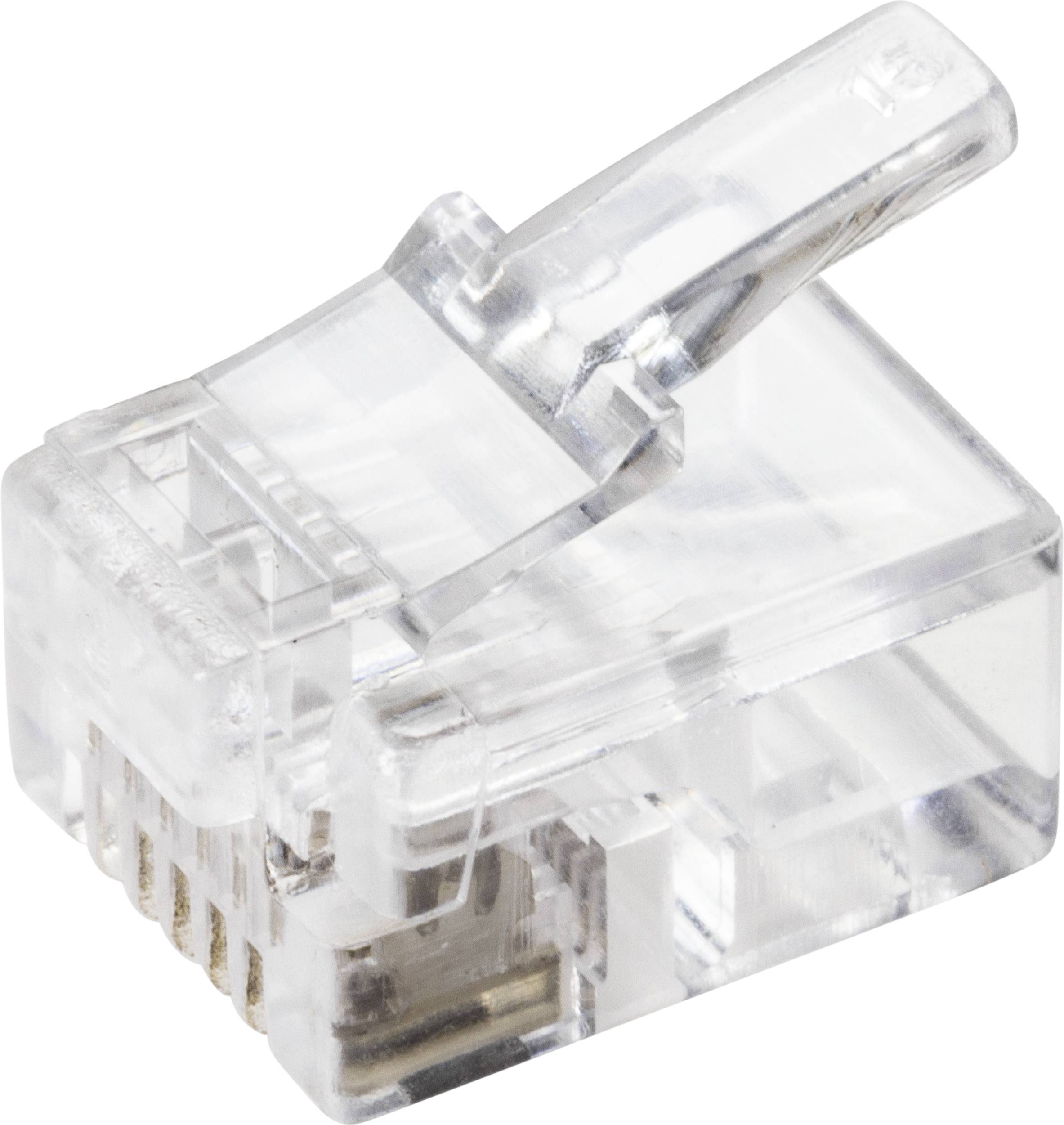 Un connettore RJ45 trasparente a otto pin, comunemente utilizzato per connessioni di cavi di rete Ethernet in reti informatiche.