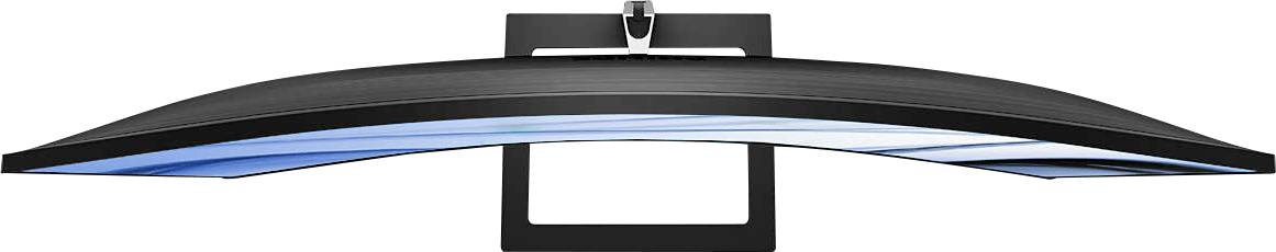 Monitor curvo, vista laterale dall'alto, mostra il design sottile, moderno e lo schermo curvo.