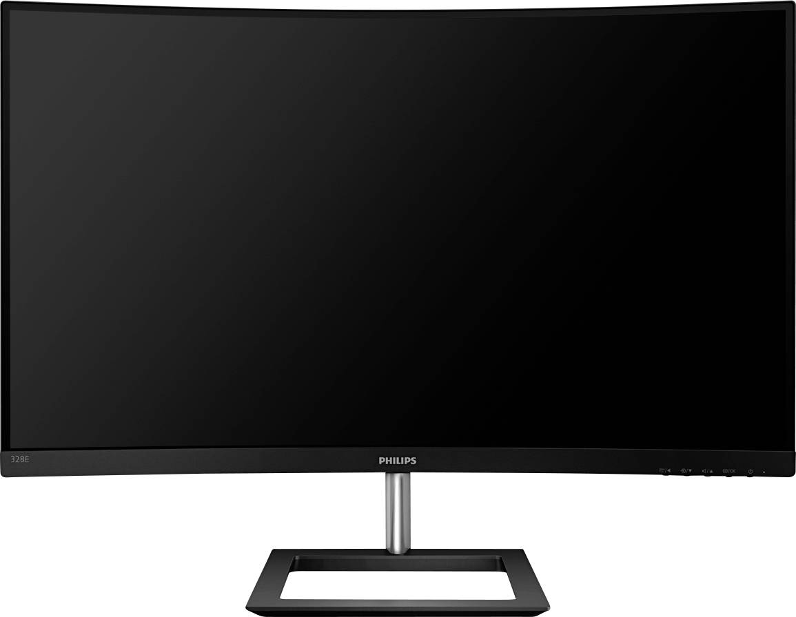 Un monitor curvo Philips con cornice nera e base, su uno sfondo neutro.