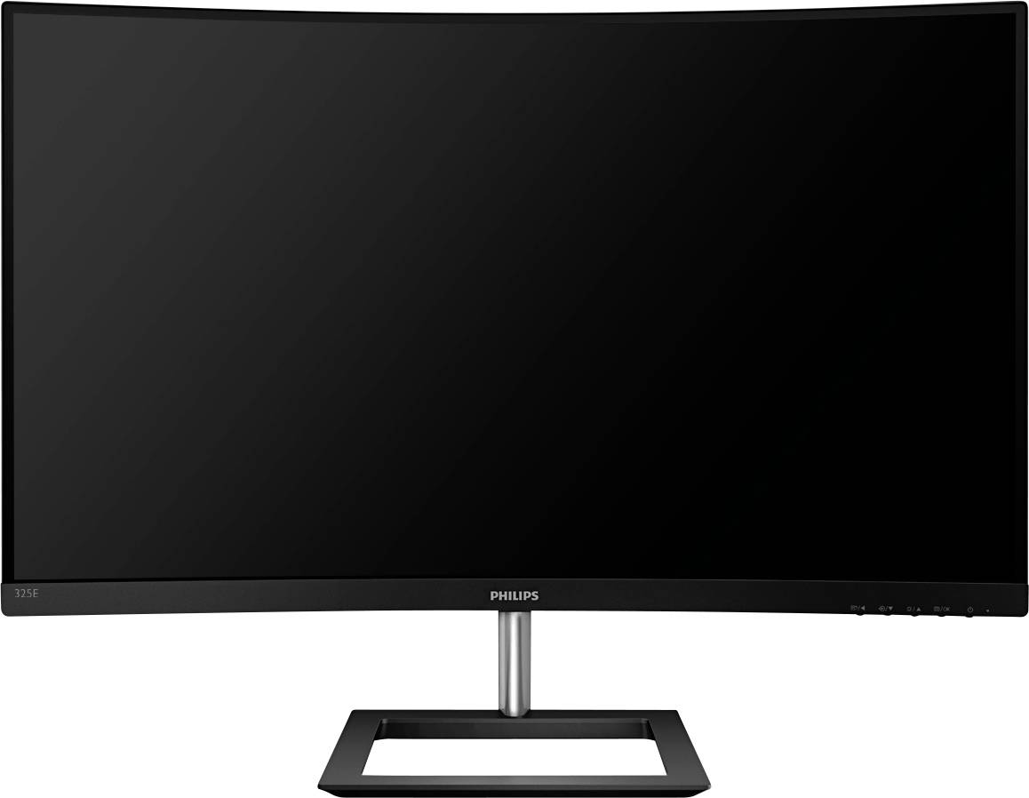 Un monitor curvo moderno con cornice nera è posizionato su un piedistallo rettangolare semplice.