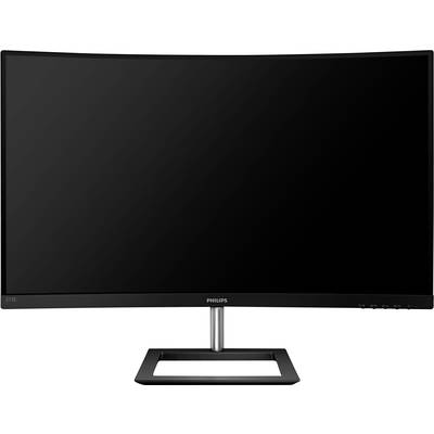 Un monitor nero e curvo con base minimalista su sfondo bianco.