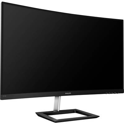 Un monitor curvo Philips, con schermo nero, su un piedistallo rettangolare, non visualizza alcun contenuto.