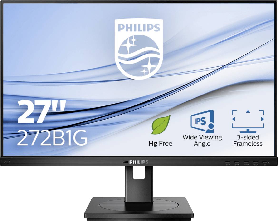 Monitor Philips piatto, 27 pollici, modello '272B1G'. Caratteristiche: privo di mercurio, tecnologia IPS, ampio angolo di visuale, cornice sottile su tre lati.