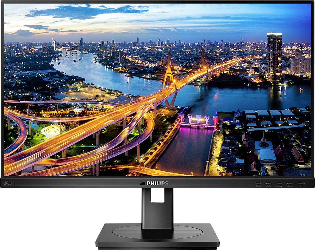 Vista di una città notturna con ponti illuminati e fiumi rappresentata su un monitor Philips.