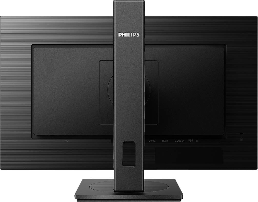 Retro di un monitor nero. Il supporto reca il marchio 'Philips'.