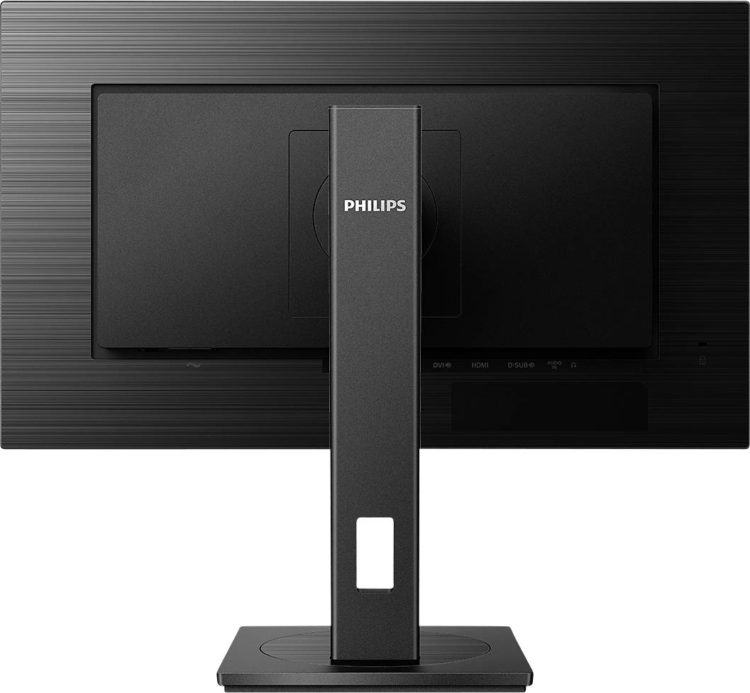 Vista posteriore di un monitor nero Philips con base rettangolare e scanalatura verticale per il supporto.