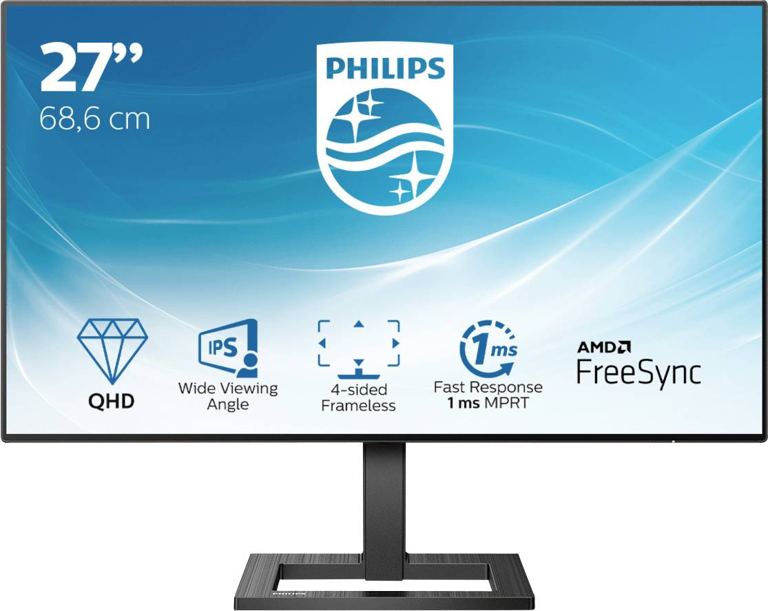 Monitor da 27 pollici (68,6 cm), risoluzione QHD, design senza cornice su 4 lati, tempo di risposta di 1 ms. Nome del marchio e modello sul display.