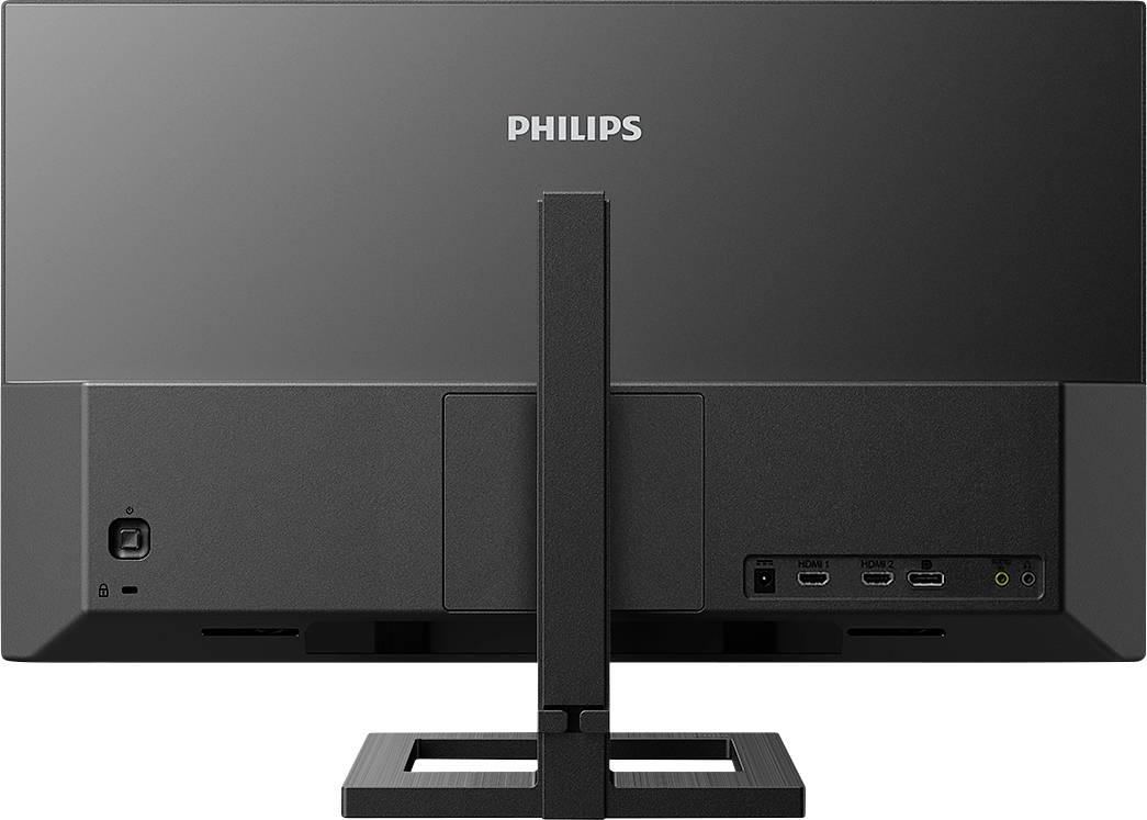 Vista posteriore di un monitor Philips con porte HDMI e DisplayPort, connettore di alimentazione e jack per cuffie, poggiato su un supporto.