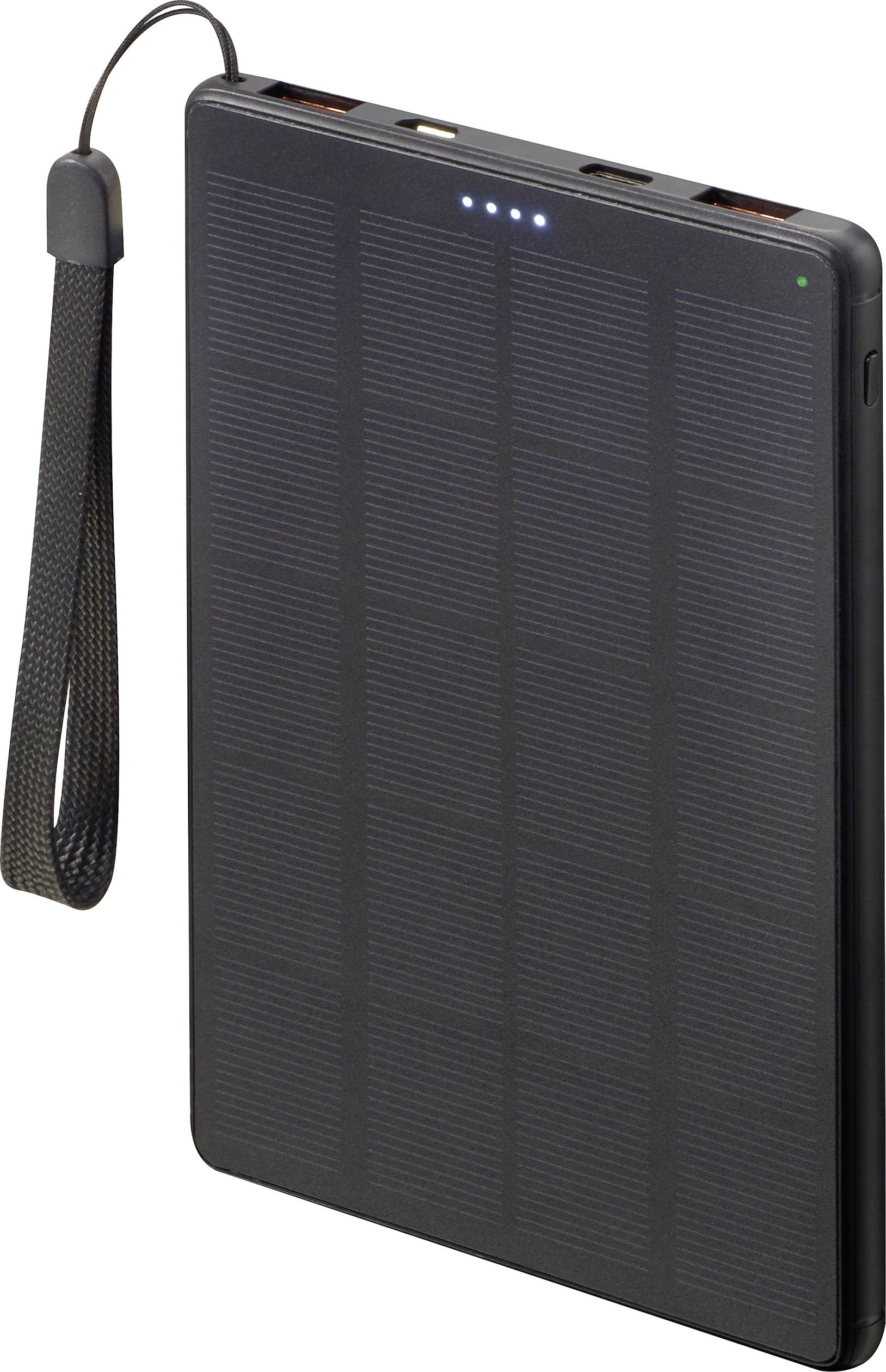 Powerbank solare nera con pannello solare integrato e indicatore LED blu che mostra lo stato di carica. Portatile con laccetto da polso.