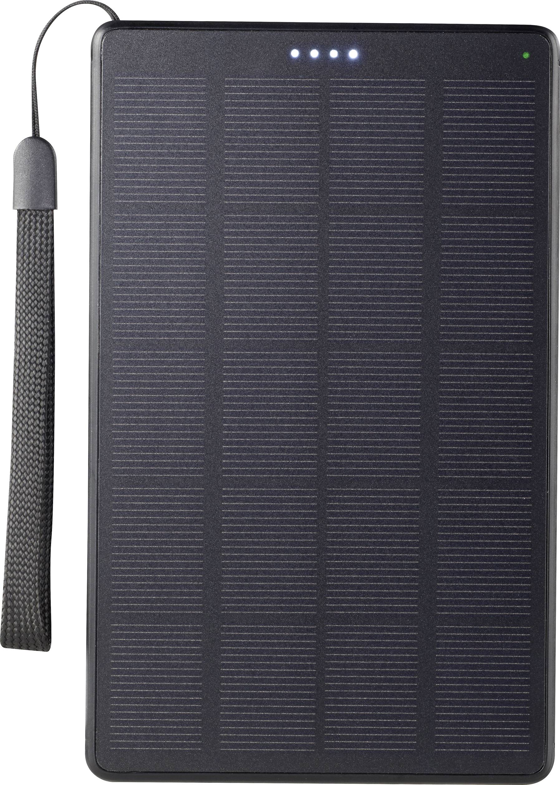 Powerbank solare portatile nera con indicatori LED in alto che mostrano lo stato di carica. Presenta una comoda cinghia di trasporto sul lato sinistro.