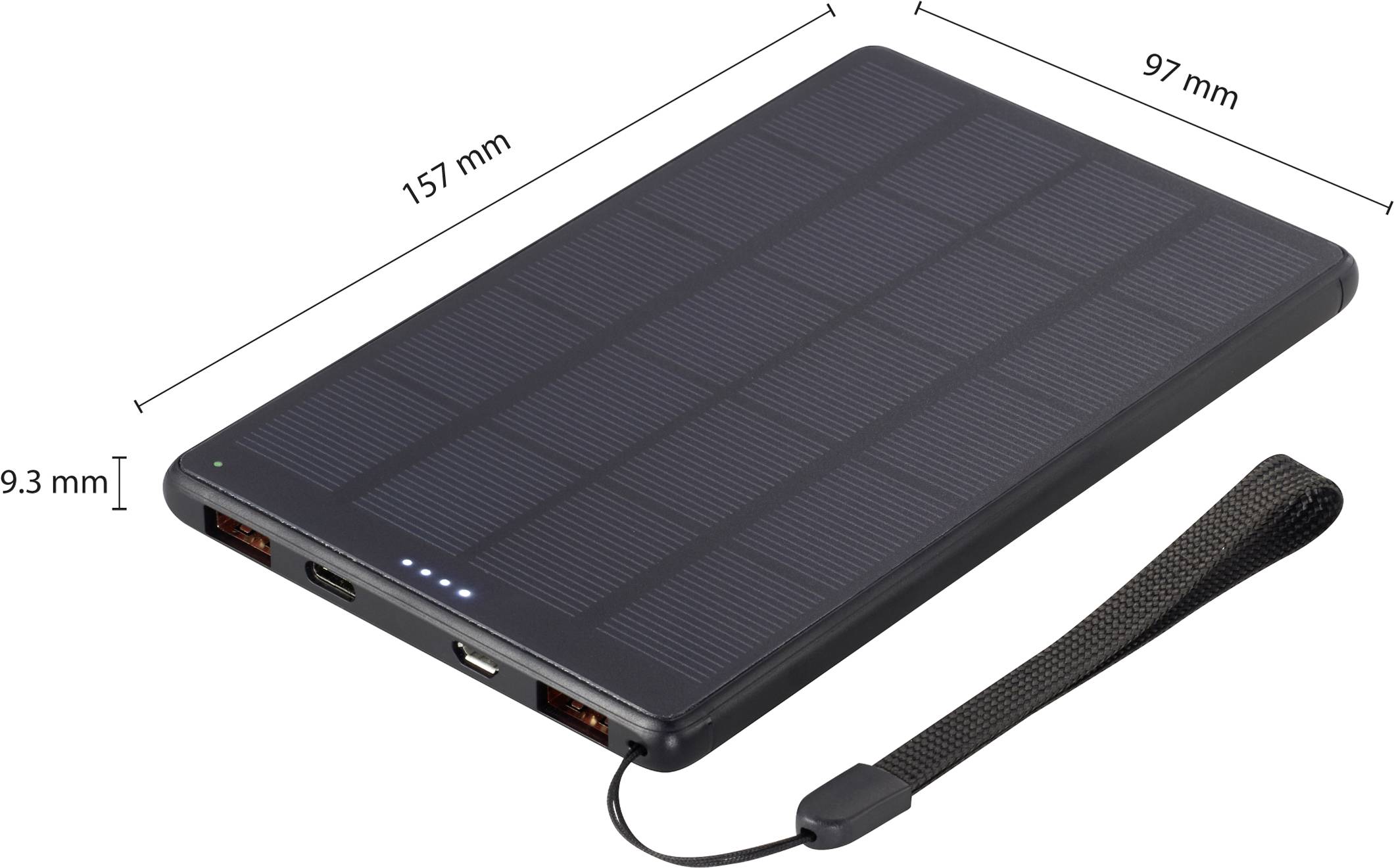 Powerbank piatta e portatile con celle solari, dimensioni 157 x 97 x 9,3 mm, dotata di un laccetto per il trasporto.