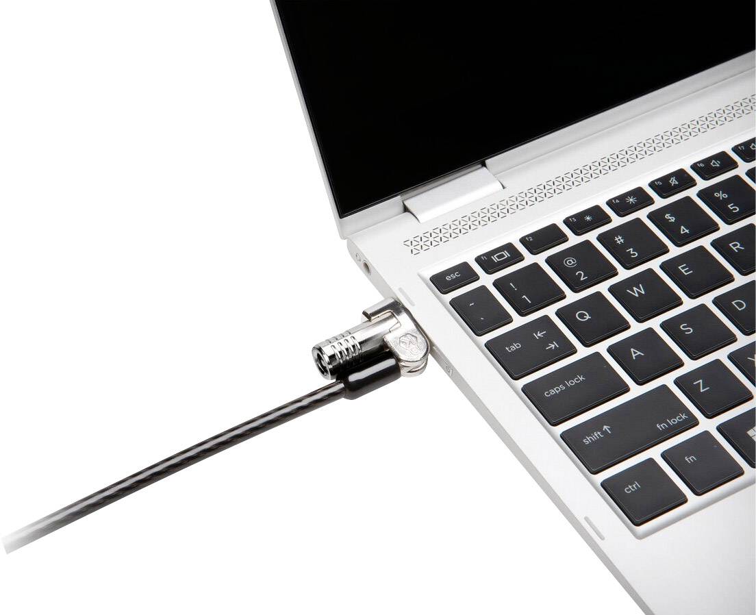 Un laptop è protetto da un lucchetto di sicurezza per cavi che è inserito nel lato del dispositivo per prevenire il furto.