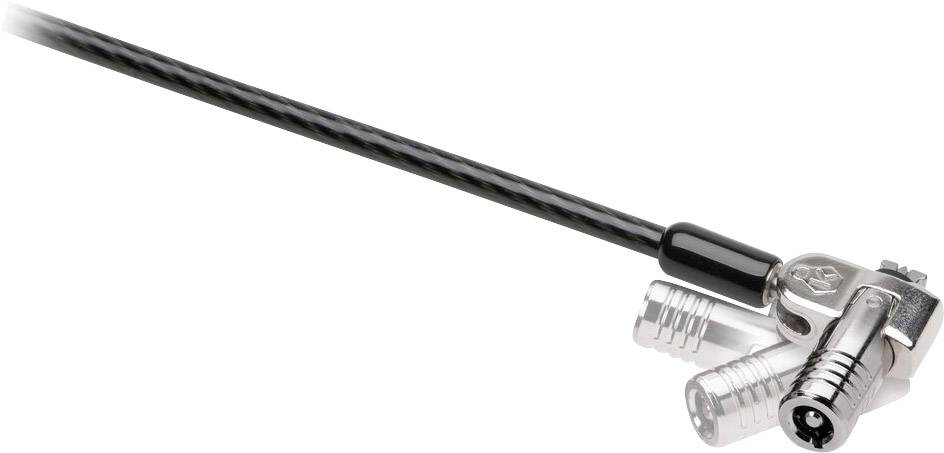 Un lucchetto per bicicletta color argento, senza chiave, con tre bulloni metallici e un cavo. Offre sicurezza per le biciclette.