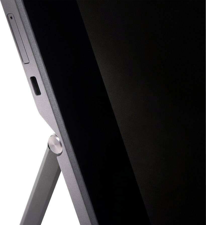 Un monitor moderno in vista laterale con cornice sottile e supporto integrato. Design di alta qualità.