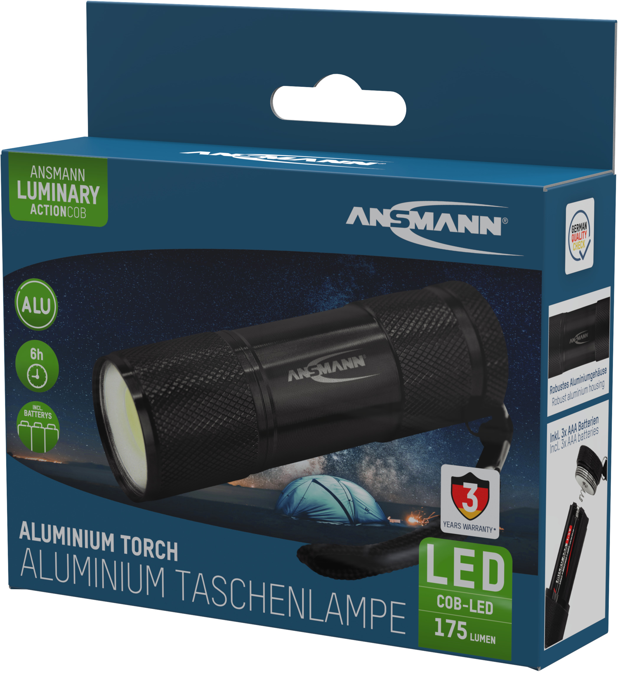 Una torcia elettrica Ansmann in alluminio nero, con confezione, che enfatizza la tecnologia LED con 175 lumen.