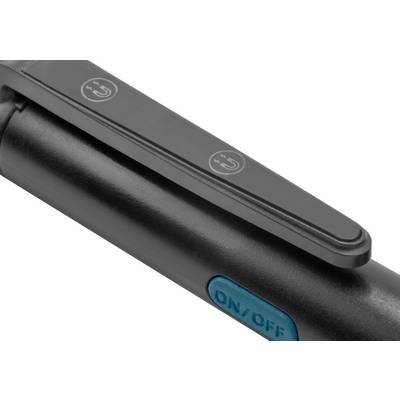 Primo piano di un piastre per capelli nero con un interruttore blu 'ON/OFF' e un simbolo sulla pinza.