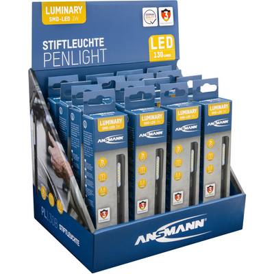 Una scatola espositiva con diversi imballaggi blu della 'Ansmann Stiftleuchte Penlight', torcia LED SMD con 130 lumen e potenza da 3W.