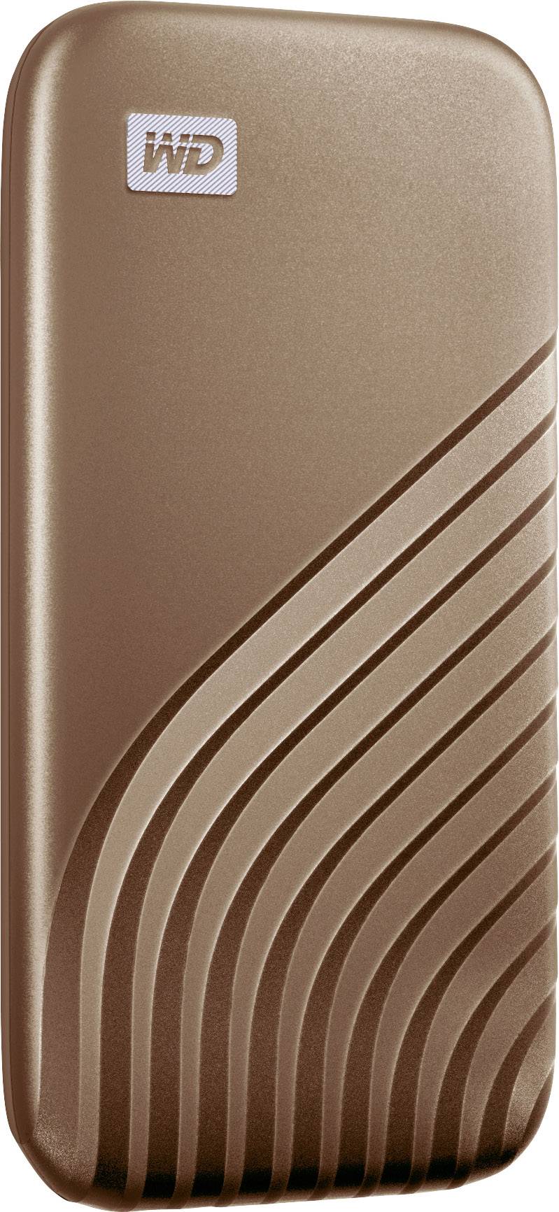 Hard disk esterno con involucro color bronzo e linee dinamiche. Logo del marchio in alto a sinistra. Adatto per soluzioni di archiviazione.