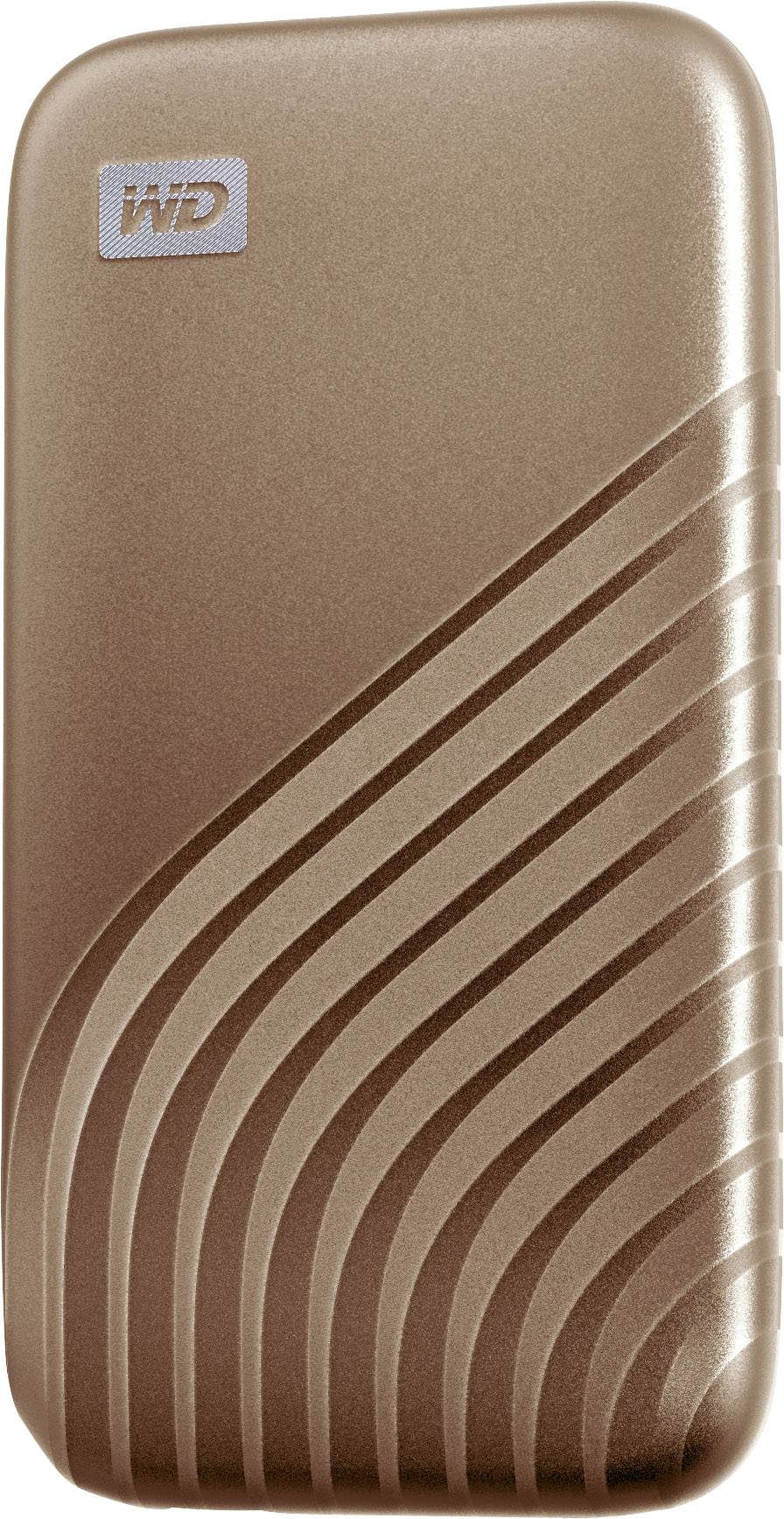 Hard disk esterno in bronzo con un motivo a linee ondulate sul lato anteriore. Un logo è posizionato in alto a sinistra.